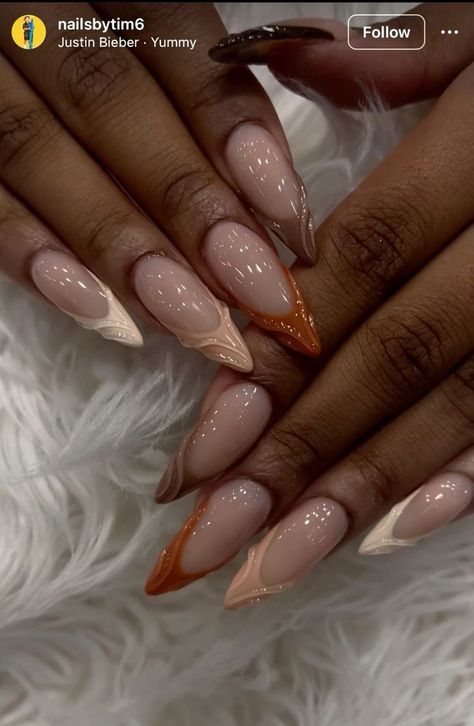 Almond Nails Designs Thanksgiving, Brown Almond Acrylic Nails, Brown Stiletto Nails, Almond Nails Designs, Almond Acrylic Nails, Soft Nails, Bling Acrylic Nails, Uñas Acrilicas, Chic Nails