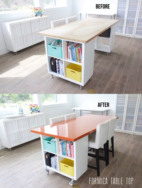 Craft Room Tables, Formica Table, Craft Table Diy, Desk Diy, Sewing Room Design, Dream Craft Room, Ikea Shelves, Craft Room Design, Sewing Room Organization