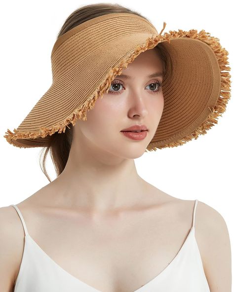 PRICES MAY VARY. Sun Protection & Comfortable: This women sun hat has a 4-inch wide brim for blocking out the sunlight, gives you superior sun protection all over the face and neck, helps you cool in the sun. Made of high quality paper straw, lightweight, breathable and comfortable, and the neutral colors go with everything. Adjustable Head Size: This sun visor hat comes with adjustable velcro closure in the back side and one size fits most head circumference 21.5-23.5 inches. It is also suitabl Floppy Straw Hat, Sun Visor Hat, Ponytail Hat, Visor Hat, Visor Hats, Sun Visor, Beach Travel, Head Circumference, Sun Hat