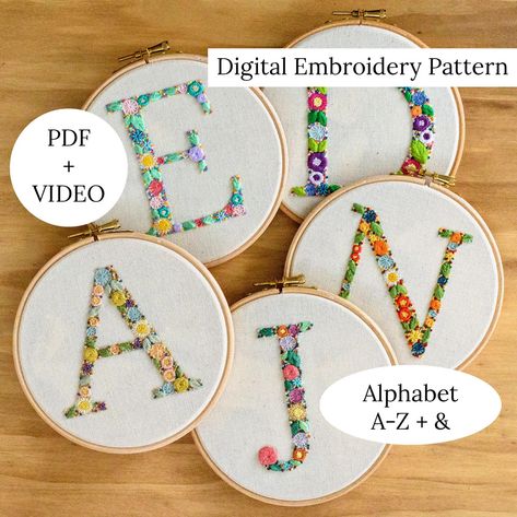 Flower Alphabet Hand Embroidery Pattern, Initial Embroidered Video Tutorial, ABC Floral Monogram for Nursery Gift - Etsy Crochet Hair Clips, Embroidered Initials, Embroidery Letters, Digital Embroidery Patterns, Hand Embroidery Patterns Flowers, Embroidery Alphabet, Flower Alphabet, Nursery Gift, Floral Monogram