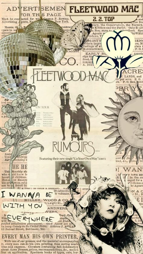 Retro Wall Prints Aesthetic, Fleet Wood Mac Aesthetic, Fleetwood Mac Phone Wallpaper, Fleetwood Mac Prints, Stevie Nicks Aesthetic Wallpaper, Fleetwood Mac Wallpaper Iphone, Song Lyric Collage, Fleetwood Mac Wallpaper, Folk Music Aesthetic