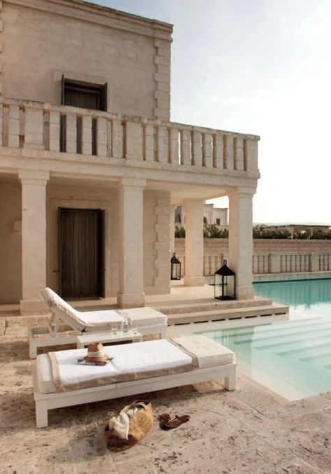 Borgo Egnazia, Puglia. #Borgo #Egnazia #Puglia #Interior #minimalism #interiordesign #monochrome #masseria #lamia #lighting #lifestyle #architecture #pool #sunloungers Borgo Egnazia, Puglia, Vacation Destinations, Pool, Interior Design, House Styles, Lifestyle, Architecture, Lighting