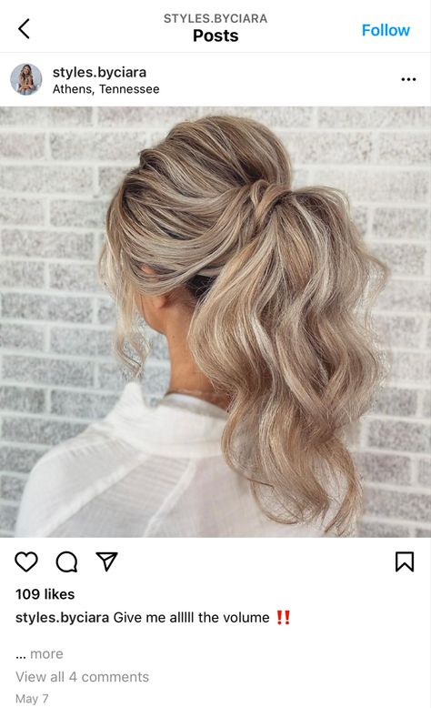 Voluminous mid-height ponytail on blond hair with waved hair and curled face framing pieces. Winter Formal Ponytail Hairstyles, Curly Ponytail Wedding Hairstyles, Bun To Ponytail Wedding, Volume Ponytail Updo, Wedding Guest Hair High Ponytail, Cute Prom Ponytails, High Messy Ponytail Wedding, Fancy Hair Ponytail, Prom Messy Ponytail