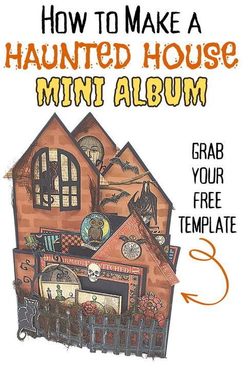 How to make a haunted house mini album. Get your free template to make this fun interactive mini album Interactive Mini Album Pages Ideas, Halloween Paper Crafts Diy, Mini Album Tutorial Templates, Make A Haunted House, Mini Album Template, Diy Mini Album Tutorial, Halloween Scrapbook Layouts, Scrapbook Albums Tutorial, Halloween Mini Albums