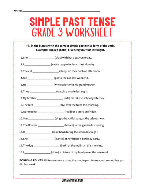 Educational worksheet with 15 fill-in-the-blank exercises practicing simple past tense verbs, including an example about baking muffins and a bonus writing prompt at the bottom for third-grade students Simple Past Tense Worksheet Grade 3, Past Simple Irregular Verbs Worksheets, Past Worksheets, Simple Past Worksheet, Simple Past Tense Worksheet, Tense Worksheet, Past Tense Worksheet, Articles Worksheet, Creative Worksheets