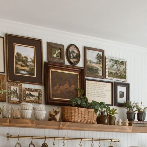 Rustic Cottage Core Aesthetic, Cottage Dining Room Wall Decor, Long Shelf Dining Room, Cottage Floating Shelves, Shelves Above Dining Table, Kitchen Shelf Wall, Still Room, Farmhouse Photo Wall, Wall Art In Kitchen