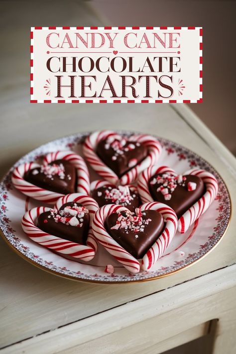 A styled shot of candy cane chocolate hearts arranged on a vintage plate, accompanied by a "Candy Cane Chocolate Hearts" title in festive red and white typography. The heart-shaped treats, with candy cane borders and dark chocolate centers sprinkled with peppermint bits, are perfect for holiday dessert spreads, offering a fun and festive DIY gift or party treat. The rustic table and holiday decor emphasize the seasonal charm. Candy Cane Chocolate Hearts, Chocolate Dipped Candy Canes, Chocolate Candy Cane Cake, Candy Cane Strudel, Candy Cane Crafts Christmas, Candy Cane Bows In Oven, Homemade Valentines Treats, Crescent Roll Candy Cane, Valentines Chocolate Ideas