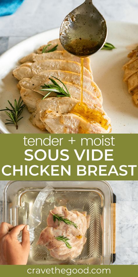 Sous vide chicken breast is perfect if you're looking for a foolproof way to get juicy, tender chicken breasts. This recipe uses either skinless boneless or skin on bone in chicken breast and can be cooked fresh or from frozen! Learn how to, what temperature and the cooking time required for sous vide chicken breast. Not only is this recipe super easy, it's perfect for meal planning and meal prep ! | cravethegood.com Sous Vide Recipes Chicken, Sous Vide Chicken Breast, Upstate Ramblings, Sous Vide Chicken, Chicken Breast Recipe, Sous Vide Recipes, Perfect Chicken, Sous Vide Cooking, Cooked Chicken