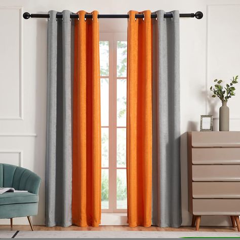 Curtains To Go With Orange Sofa, What Color Curtains Go With Orange Walls, What Color Curtains Go With White Walls, Orange Curtains Living Room, Grey And Orange Living Room, Ombre Curtains, Modern Living Room Lighting, Orange Curtains, Light Blocking Curtains