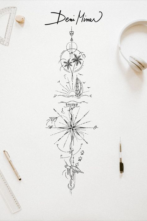 Ocean and compass tattoo set - These travel tattoos with palm tree and turtle are delicate line drawings by a Slovak artist Deni Minar. These elegant artworks were created as tattoo inspiration for travel lovers and explorers! Click on this pin to download a small tattoo design from Deni's ETSY store! This post is about - Tattoo art, beautiful tattoo, travel tattoo, tattoo for women, beach tattoo, compass tattoo, ocean art, nature lovers. Small Tattoo Design, Beach Inspired Tattoos, A Small Tattoo, Beachy Tattoos, Travel Tattoos, Compass Tattoo Design, Palm Tattoos, Beach Tattoo, Delicate Tattoo