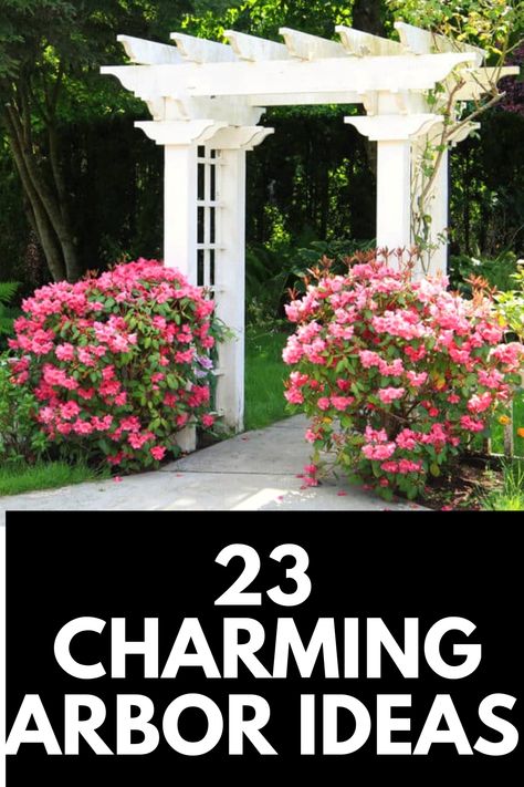 In this article, we share 23 of our favorite arbor ideas to make your flower garden stand out! Read more at OwnTheYard.com! Backyard Landscaping Arches, Garden Arbor With Bench, Side Yard Arbor Ideas, Front Garden Archway, Privacy Arbor Ideas, Entry Arbor Ideas Walkways, Rose Arbours Arches, Arbor Landscaping Ideas, Arbor In Front Of House