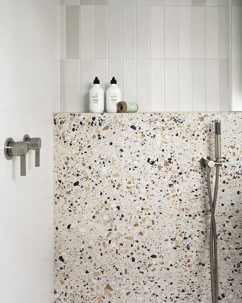 GIA Bathrooms & Kitchens on Instagram: “Our #CaulfieldNorth shower is soothing, sleek and textured. Interested in learning more about what we can do in your home? -…” Terrazzo Tiles Bathroom Design, Small Terrazzo Bathroom, Terrazzo Bathroom Tile, Terrazzo Small Bathroom, Studio Bathroom Ideas, Terrazzo Bathrooms, 1940 Bathroom, Terrazzo Tiles Bathroom, Terrazzo Bathroom Tiles