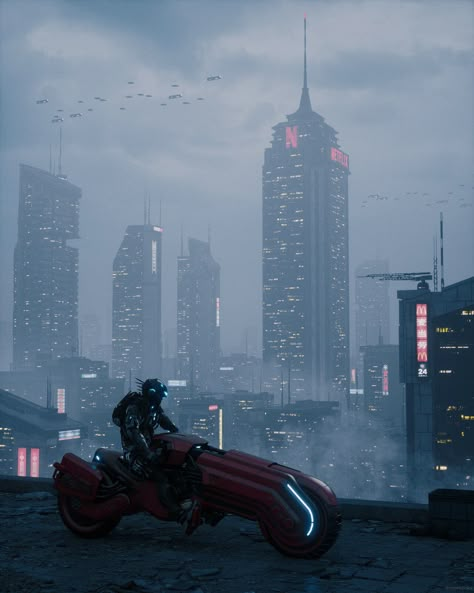 Cyberpunk City Scape, Moon Morning, Sci Fi Aesthetic, Art Cyberpunk, Sci Fi City, Futuristic Motorcycle, Cyberpunk Anime, Landscape Concept, Dark City