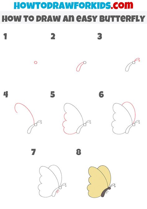 How To Doodle Butterflies, Fairy Drawing Easy Step By Step, Butterfly Drawing Steps, Step By Step Flower Drawing Easy, How To Draw Butterflies Easy, Drawing Butterflies Easy, Easy Spring Drawings Simple, Draw A Butterfly Step By Step, Easter Drawings Easy Step By Step