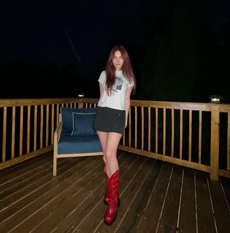 Jeffrey Campbell Cowboy Boots, Jeffrey Campbell Boots Outfit, Indie Cowboy Boots Outfit, Goth Cowboy Boots Outfit, Honky Tonk Outfit, Stampede Fits, Red Cowgirl Boots Outfit, Red Cowboy Boots Outfit, Black Cowboy Boots Outfit