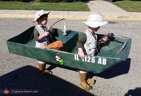 Family Fishing Costumes, Fishing Halloween Costume, 3 Boys Halloween Costumes, Boat Costume Diy, Fishing Parade Float, Wagon Boat Halloween, Tent Costume, Family Costumes With Wagon, Twin Boy Halloween Costumes