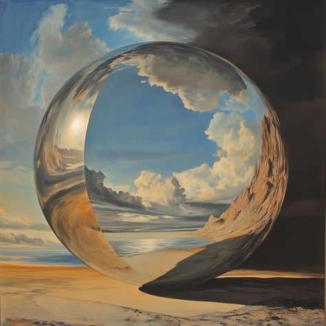 This stunning custom canvas print is an exceptional representation of surrealism, drawing inspiration from the iconic works of Salvador Dali. The artwork features a mesmerizing reflective orb set against a breathtaking landscape that captures the imagination. The juxtaposition of light and shadow creates a striking visual narrative where the vibrant blues of the sky and the warm earth tones of the land paint a serene yet thought-provoking scene. The reflective orb not only serves as a focal poin Surreal Landscape Painting, Surrealism Landscape Painting, Surreal Landscape Art, Surrealist Dreamscapes, Surreal Art Landscape Format, Salvador Dali Landscape, Art For Wall Decor, Surrealism Drawing, Art Analysis