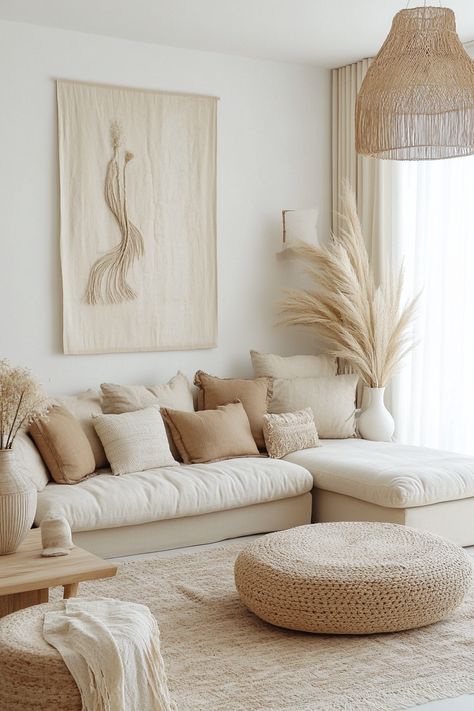 Create a serene space with this cozy, neutral living room decor. Creamy tones, natural textures, and boho-chic accents make this living area a tranquil haven. Perfect for anyone looking to elevate their home style. #livingroomdecor #interiordesign #homestyle Air Bnb Ideas Decor Living Room, Boho Style Living Room, Calm Living Room, Neutral Living Room Decor, Cozy Neutral Living Room, Living Room Decor Neutral, Boho Chic Living Room, Perfect Living Room, Neutral Living Room