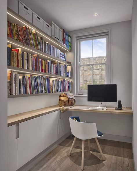 A small box room, turned home office. A palette of simple materials and clean lines help make the room feel more spacious. Oak shelving… Office Box Room, Box Room Office Ideas, Box Room Office, Office Conversion, Room Office Ideas, Archer Design, Oak Shelving, Small Laundry Room Makeover, Box Room