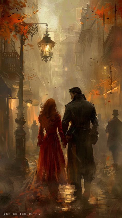 romance art, cobblestone street, foggy atmosphere, vintage street lamps, red-haired woman in a long velvet red coat, man in a dark trench coat, couple, romantic, date, gothic architecture, autumn leaves, muted fall colors, soft glow from lanterns, mysterious alleyway, overcast sky, hand-in-hand, 19th century europe, noir mood, eerie and romantic, warm light, shadowy figures, historic setting, walking into the mist Dark Trench Coat, Historical Romance Art, Romantic Paintings Couple, Foggy Atmosphere, Walk Couple, Muted Fall Colors, Shadowy Figures, Fall Background Wallpaper, Sky Hand