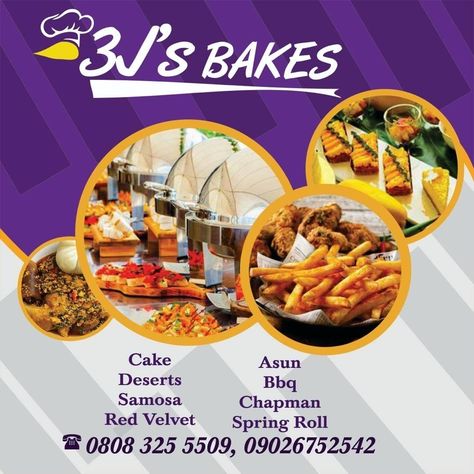 Graphic Design For Restaurants, Catering Poster Design Ideas, Restaurant Posters Design, Catering Banner Design, Plantain Chips Flyer Design, Catering Graphic Design, Bakery Design Poster, Bakery Flyer Design Ideas, Kitchen Banner Design