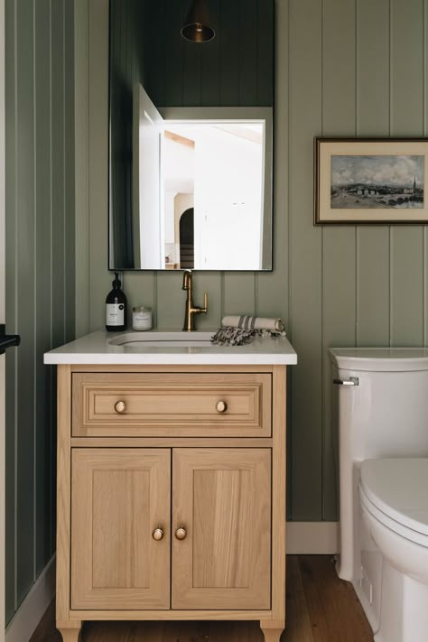 Green Shiplap Powder Room, Green Bathroom Shiplap, Sage Panelling Bathroom, Small Bathroom Ideas Green Walls, Lake House Powder Room, Sage Green Shiplap Bathroom, Powder Room Green Walls, Light Green Powder Room, Green Bathroom Wood Vanity