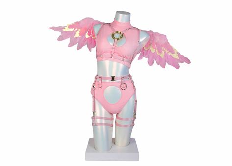 handmade art petplay harness cosplay cutecore anime bra briefs cow realistic lingerie thong top wings Draw Ur Oc In This Outfit, Cutecore Anime, Ruffle Skirt Long, Tomorrowland Outfit, Pink Cosplay, Rave Fits, Rave Babe, Plus Size Costume, Future Clothes