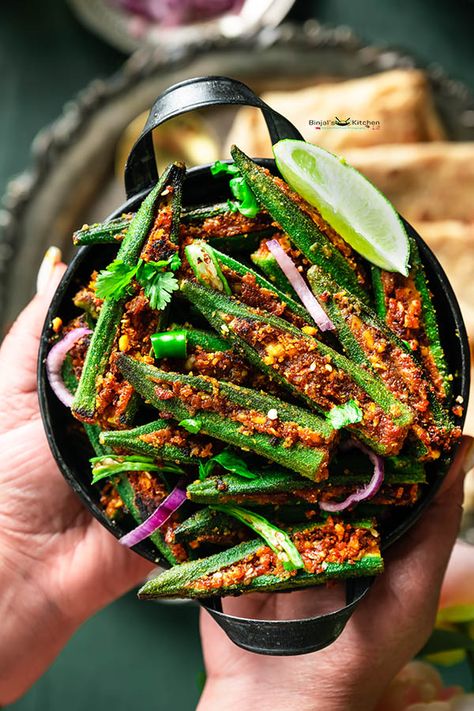 Stuffed Bhindi Recipe, Stuffed Okra, Bhindi Fry, Hebbar's Kitchen, Dried Mangoes, Gujarati Recipes, Masala Recipe, Grated Coconut, Red Chili Powder