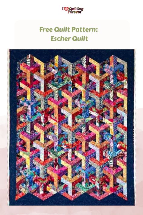 Free Quilt Pattern Escher Quilt Escher Quilt Patterns Free, Kaffe Fassett Quilts Pattern Free, Escher Quilt Patterns, Escher Quilt, Illusion Quilts, Optical Illusion Quilts, Free Quilt Tutorials, Kaffe Fassett Quilts, Hanging Quilts