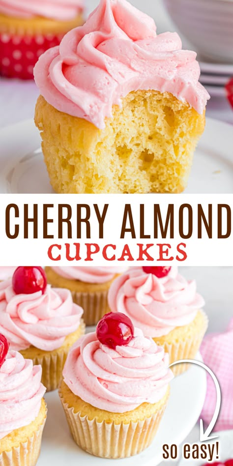 Cherry Almond Cupcakes have a rich almond flavor and are topped with fluffy cherry buttercream frosting! Take a break from the chocolate desserts and give these cherry almond cupcakes a try instead. Cherry Almond Cupcakes, Cherry Buttercream, Cherry Frosting, Almond Cupcakes, Valentines Recipes Desserts, Pretty Cupcakes, Cupcakes Decorados, Valentine Desserts, Cherry Almond