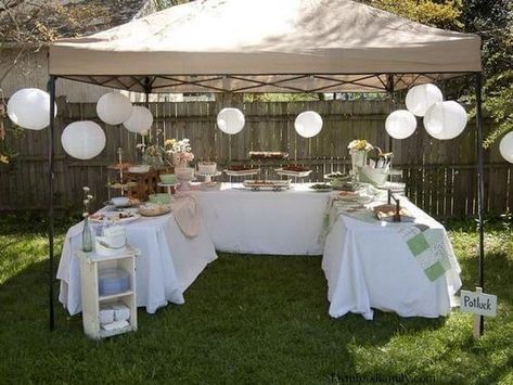 25+ Awesome DIY Backyard Birthday Party Ideas For Adults, Kids (2022) Arranging Food For Party, Party Layout Tables, Backyard Surprise Birthday Party, Outdoor Food Tent Ideas, Backyard Party Dessert Table, Tables Set Up For Party, How To Set Up Backyard For Party, White And Gold Backyard Party, Party Decor Set Up