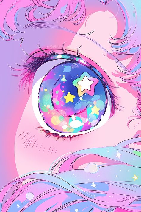 Pastel Color Hair Ideas, Pastel Star Aesthetic, Space Cute Drawing, Pastel Pop Aesthetic, Star Eye Drawing, Kawaii Space Aesthetic, Star Eyes Anime, Pastel Character Design, Pastel Anime Art