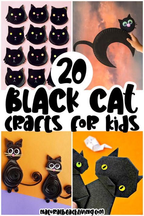 Black Cat Art Projects For Kids, Black Cat Activities For Preschool, Black Cat Halloween Decorations Diy, Diy Black Cat Decor, Cat Projects For Preschool, Older Kids Halloween Crafts, Halloween Cat Crafts For Kids, Black Cat Craft Preschool, Black Cat Activities