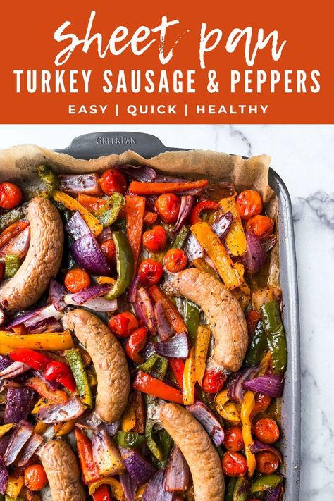 This weeknight recipe for turkey sausage and peppers keeps things real simple with 7 ingredients, 25 mins of cooking, and one sheet pan!#sheetpandinner #turkey #sausage #turkeysausage #weeknightdinner #easydinner #hearthealthy #familyfriendly Turkey Sausage And Peppers, Turkey Sausage Sheet Pan Dinner, Turkey Sausage Recipes, Fast Healthy Dinner, Turkey Italian Sausage, Sausage Recipes For Dinner, Thyme Recipes, Recipe Sheets, Baked Turkey