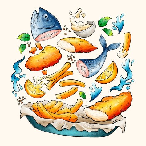 Fish And Chips Drawing, Chips Illustration Design, Chips Drawing Easy, Fish Food Illustration, Chips Drawing, Chips Illustration, Drawn Fish, Watercolor Food, Youtube Channel Art