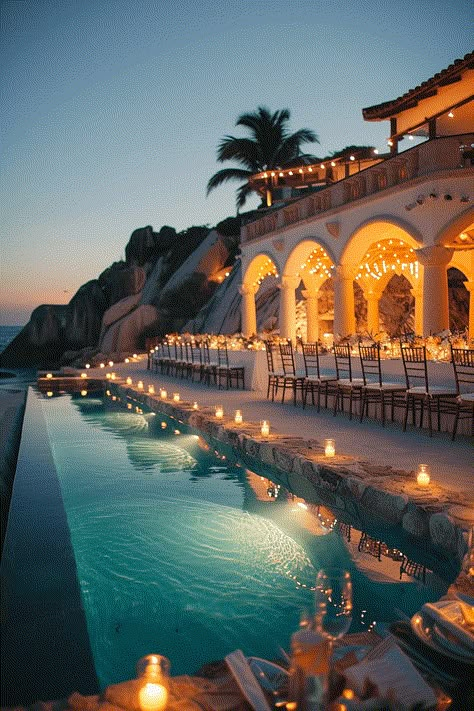 Lavish Mansion Wedding Reception Wedding Ocean View, Oceanfront Wedding Reception, Beach Villa Wedding, Wedding Reception Pool, Mansion Wedding Reception, Newport Restaurants, Beach House Wedding, Beach Reception, Ocean View Wedding