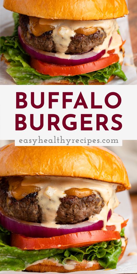 A buffalo burger is a delicious alternative to beef burgers or turkey burgers! Made with juicy, lean ground bison and topped with an incredible burger sauce, this buffalo burger recipe is about to be a new favorite in your meal rotation! Easy Burger Sauce, Bison Burger Recipe, Ground Bison Recipes, Buffalo Burger, Easy Grill, Delicious Burger Recipes, Bison Recipes, Ground Bison, Buffalo Burgers