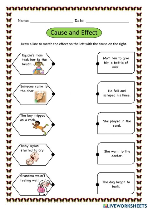 Cause And Effect Worksheet Grade 1, 2nd Grade Small Group, Cause And Effect Worksheet, Opinion Writing Kindergarten, Live Worksheet, Cause And Effect Worksheets, Kindergarten Grammar, Sequencing Activities Kindergarten, Grade 1 Worksheets