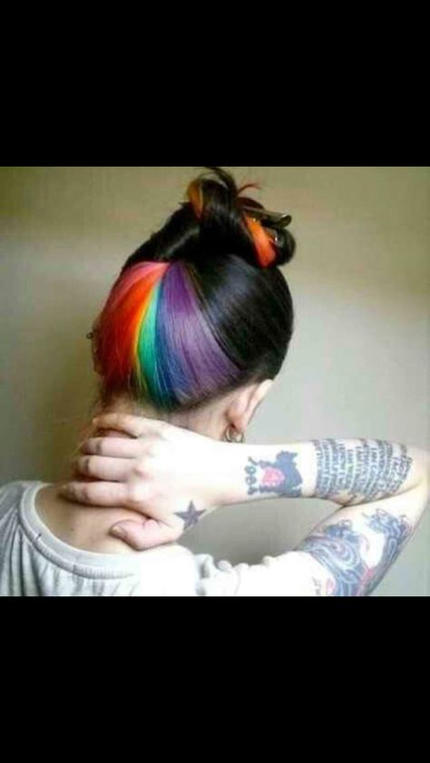 Black hair with rainbow highlights Hidden Rainbow Hair, Peach Hair Colors, Peekaboo Hair Colors, Peekaboo Hair, Peach Hair, Funky Hairstyles, Colorful Hair, Funny Happy, Rainbow Hair