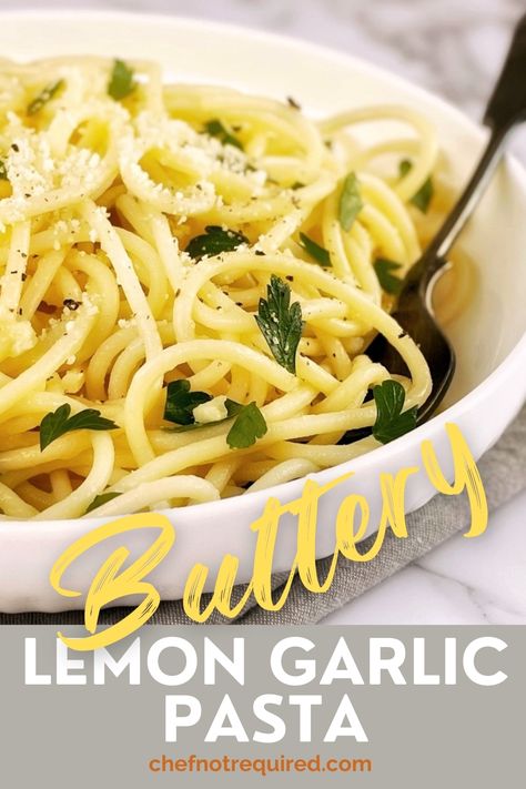 Lemon pasta in a white bowl with chopped parsley, grated parmesan cheese and a fork. Simple Butter Pasta, Lemon Garlic Pasta Sauce, Lemon Butter Garlic Pasta, Lemon Butter Pasta Sauce, Garlic Pasta Sauce Recipe, Lemon Pasta Sauce, Butter Pasta Sauce, Lemon Butter Sauce Pasta, Pasta With Lemon Sauce