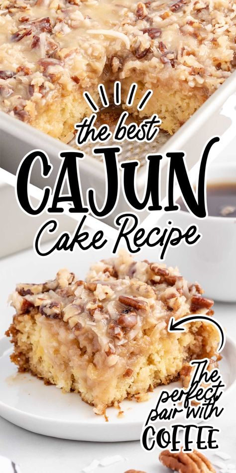 Cajun cake is an easy southern cake recipe that is bursting with bites of juicy pineapple and is topped with a warm caramel-like coconut and pecan glaze. Cajun Cake Recipe New Orleans, Cajun Style Desserts, Louisiana Recipes Dessert, Cajun Dessert Recipes, Southern Cake Recipes, Cajun Cake Recipe, Southern Pecan Pound Cake Recipe, Cajun Cake, Cajun Desserts