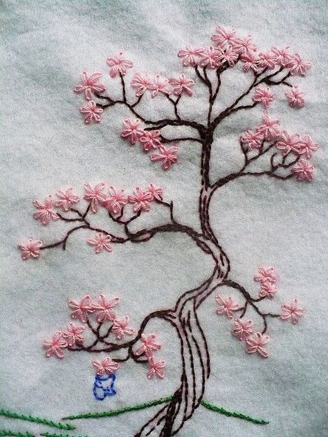 cherry blossom tree embroidery Embroidered Tree, Sulaman Pita, Pola Sulam, Brazilian Embroidery, Japanese Embroidery, 자수 디자인, Silk Ribbon Embroidery, Crewel Embroidery, Hand Embroidery Stitches