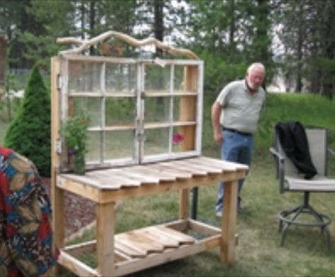 Potting Bench Ideas, Potting Benches, Outdoor Sitting, Backyard Getaway, Potting Tables, Outdoor Sitting Area, Window Projects, Potting Bench, Diy Greenhouse