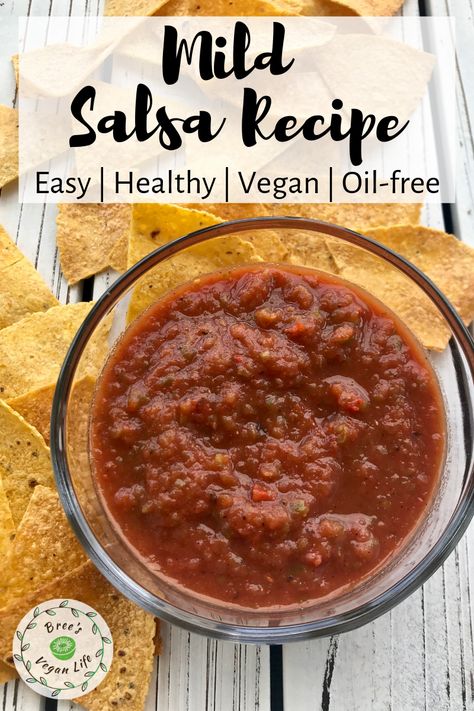 This mild salsa recipe is super healthy and easy to make. It is vegan and oil-free, and will be a hit with your friends and family! #breesveganlife #salsa #veganrecipes Vegan Dipping Sauce, Salsa Chunky, Mild Salsa Recipe, Cooked Salsa, Vegan Oil Free Recipes, Oil Free Recipes, Hummus Salad, Vegan And Gluten Free Recipes, Easy Salsa Recipe