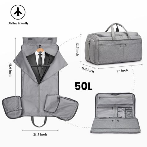 DIMENSION Size: (L) 23 x (W) 11.2 x (H) 12.5 inches Expanded size as a garment: 41.6 x 21.5 inches Weight: 4.13 pounds Capacity: 50 L 1 large main compartment 1 shoe compartment 1*front pocket 1*back pocket 1*side zipper pocket 1*inner zipper pocket FEATURES Material: made of high-quality Oxford cloth, which is waterproof/tear-resistant and shock-resistant to better protect your suits or dress. YKK zipperis are stronger and prevents breakage. Large capacity: The large 55L capacity. The perfect s Suit Storage, Business Travel Bag, Wrinkled Clothes, Suit Bag, Travel Duffle, Duffle Bag Travel, Travel Duffel, Duffel Bag Travel, Garment Bag