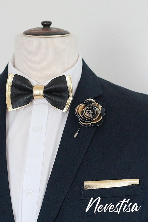 Prom Suits For Men Black, Leather Bowtie, Gold Tuxedo, Bow Tie For Men, Gold Bow Tie, Wedding Tux, Gold Suit, Wedding Bow Tie, Leather Bow Tie