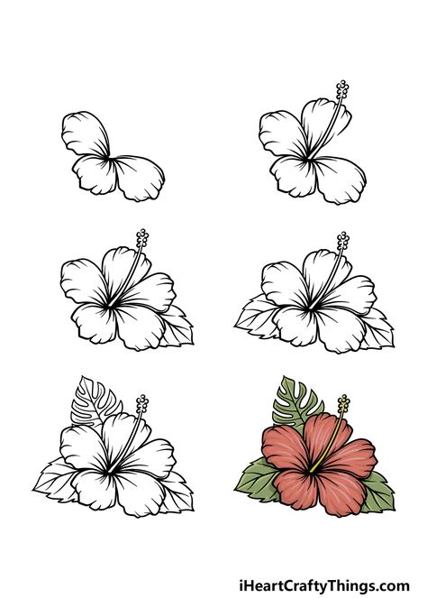 Hawaii Flowers Drawing, Hawaiian Flower Drawing, Flower Drawing Simple, Flower Crown Drawing, Hibiscus Drawing, Hibiscus Flower Drawing, Hawaiian Flower Tattoos, Hawaii Flowers, Flower Step By Step