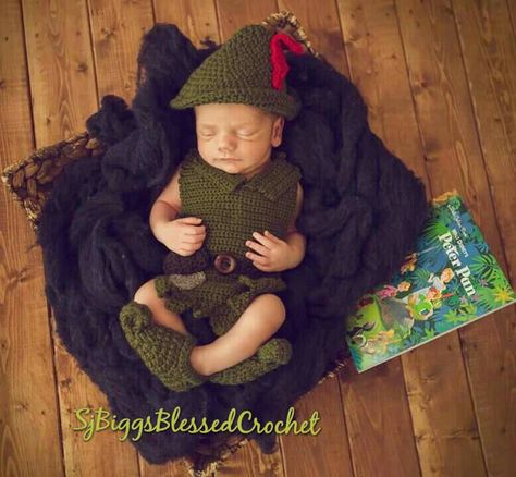 Peter pan hat and costume 0 to 1 yr old. by SjBiggsBlessedCroche on Etsy Peter Pan Outfit, Peter Pan Hat, Peter Pan Costumes, Crochet Baby Costumes, Newborn Halloween Costumes, Crochet Outfit, Newborn Halloween, Baby Kicking, Baby Themes