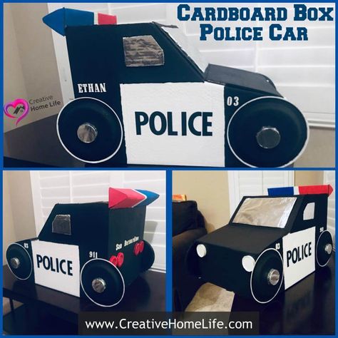 Cardboard Police Car Diy, Police Car Costume, Police Car Craft, Cardboard Sled, Cardboard Box Cars, Cardboard Boxes Kids, Car Costume, Cardboard Box Car, Cardboard Play