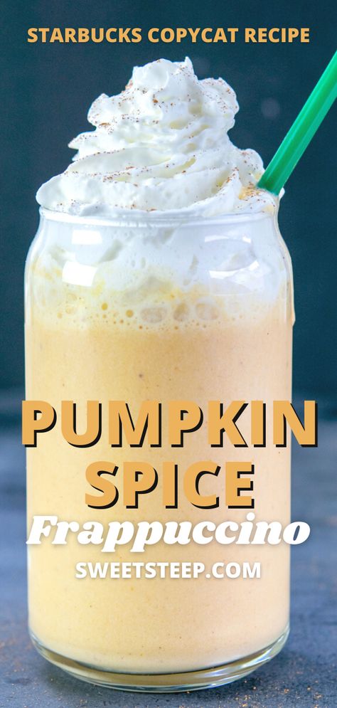 Just in time for fall, see how to make this DIY Starbucks copycat recipe for a pumpkin spice creme frappuccino with no coffee. #pumpkinspicefrappuccino #starbucksrecipe #starbucks #easy #recipe #nocoffee #pumpkinspice #frappuccino #diy #copycat #howtomake #homemade Starbucks Pumpkin Spice Frappe Recipe, Pumpkin Frappe Starbucks, Homemade Pumpkin Spice Frappuccino, Fruit Frappe Recipe, Frappuccino Recipe No Coffee, Pumpkin Frappuccino Starbucks, Pumpkin Frappe Recipe, Sugar Free Frappuccino Recipe, Pumpkin Coffee Recipe